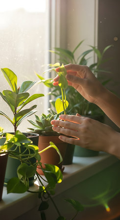 Close-up of hands nurturing a vibrant green houseplant, illuminated by golden sunlight filtering through a window.の素材