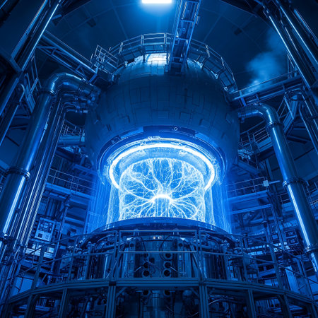 A stunning view inside a high-tech fusion reactor, showcasing a vibrant blue plasma discharge within a complex industrial setting.の素材