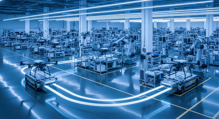 High-tech warehouse automation concept. Two robotic vehicles transfer goods, illustrating modern logistics, robotics, and futuristic industrial technology.の素材