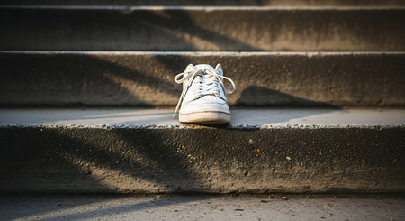 A single white sneaker rests on a weathered concrete staircase, bathed in dappled sunlight, creating a sense of solitude and forgotten journeys.の素材