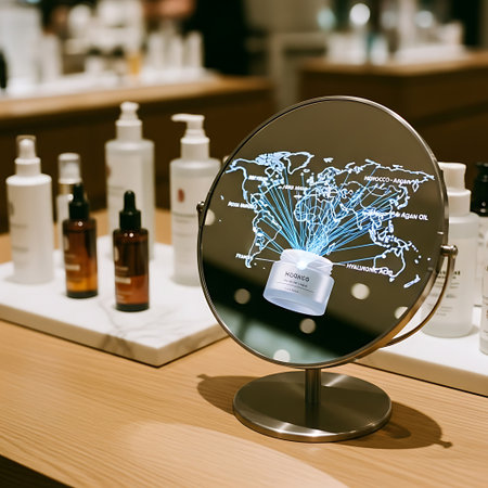 A close-up shot of a contemporary skincare product display featuring a jar of cream with a glowing, holographic world map projection on a round mirror, surrounded by various cosmetic bottles in a wel.の素材