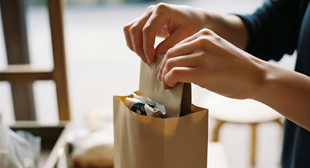 A person's hands are shown packing food into a brown paper bag, likely for takeout or delivery from a restaurant or cafe.の素材