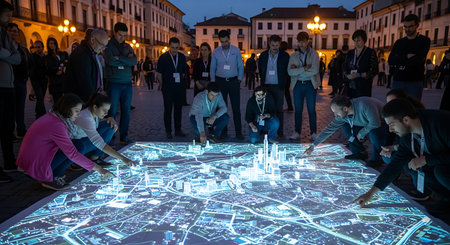A group of people gathers around an interactive display of a city map at night, illuminated with bright lights and digital projections.の素材