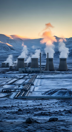 A sprawling power station with cooling towers releasing plumes of steam into the cold morning air, set against a backdrop of snow-covered mountains at dawn.の素材