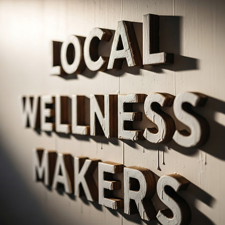 Close-up of a wall with the words 'LOCAL WELLNESS MAKERS' in bold, three-dimensional letters, casting shadows.の素材