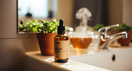 A close-up shot of a small amber dropper bottle, possibly containing herbal essence or essential oil, sitting on a white bathroom sink.の素材
