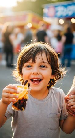 A young child with a big smile, holding a cup of food, likely at a fair or festival, with a blurred background of people and lights.の素材