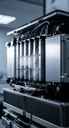 Close-up view of advanced industrial equipment, showcasing detailed engineering and technological innovation.の素材