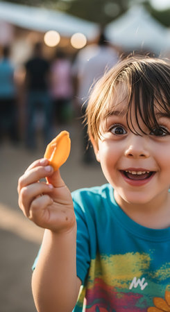 Close-up of a happy child with dark hair and eyes, holding a golden snack, smiling broadly, blurred background of people and lights.の素材