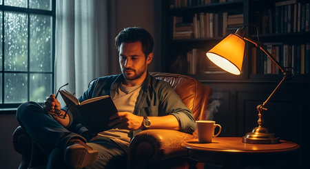 A studious man relaxes in a leather armchair, engrossed in a book under the warm glow of a desk lamp in a cozy, dimly lit room filled with books.の素材