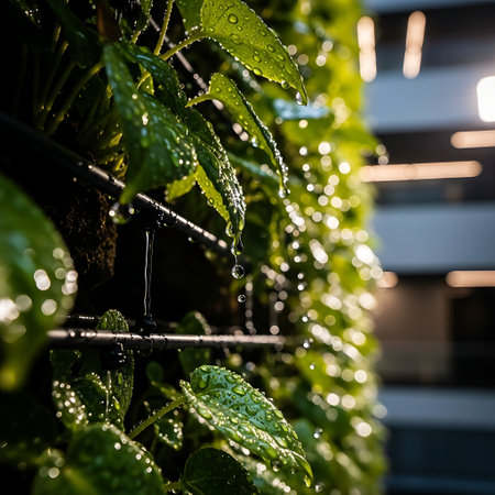 Close-up of a vibrant vertical garden wall, adorned with glistening dew drops, creating a refreshing contrast against the blurred urban backdrop.の素材