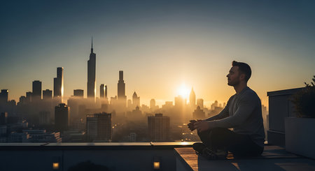 A man sits in meditation on a rooftop, overlooking a city skyline bathed in the warm glow of sunrise, embodying peace and urban mindfulness.の素材