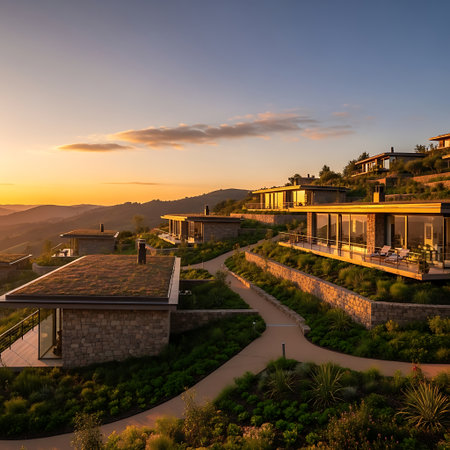Modern architecture of villas nestled on a hillside, featuring expansive windows and a winding road, captured during a golden sunset.の素材