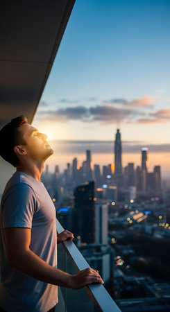 A man stands on a balcony, looking up at the sunrise over a sprawling city skyline, bathed in warm morning light.の素材