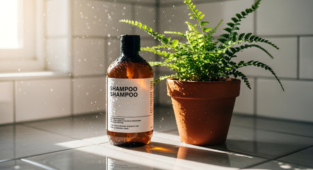 A shampoo bottle stands next to a potted fern on a tiled counter, bathed in soft light from a nearby window, creating a clean, minimalist bathroom scene.の素材