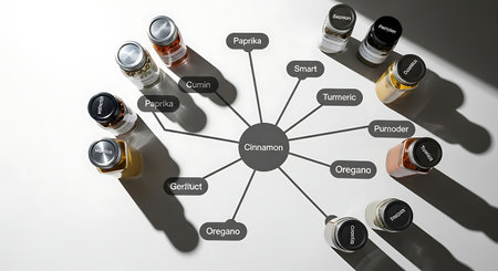 A mind map illustrating various essential oils and their associated benefits, with bottles arranged around the central concept.の素材