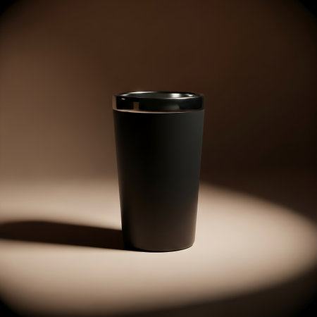 A sleek, black travel mug with a lid sits on a textured surface, illuminated by a spotlight.の素材