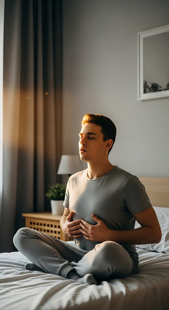 A young man is sitting cross-legged on a bed, meditating with his eyes closed and hands on his stomach in a serene bedroom.の素材