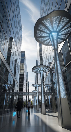 A striking view of contemporary buildings and unique, mushroom-like sculptures in a vibrant urban plaza, with people walking by.の素材