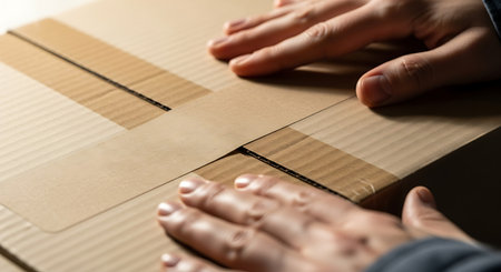 Close-up of hands carefully sealing a brown cardboard box with packing tape, preparing it for shipment or storage.の素材