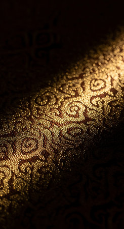 Close-up of a textured fabric with a repeating swirl design, highlighted by a beam of light, showcasing the details.の素材