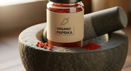 A close up of a glass jar labeled organic paprika resting inside a traditional stone mortar with a pestle. Red peppercorns and powder are visible on the rustic surface.の素材
