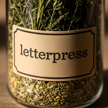 A close-up of a jar filled with dried herbs, featuring a letterpress label. The image evokes a sense of natural, homemade, and rustic charm.の素材