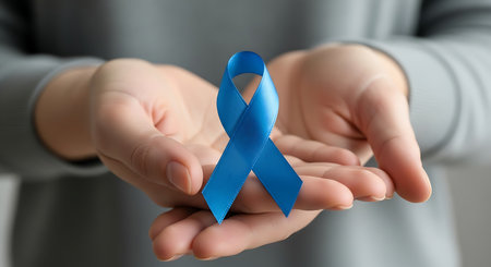 Close-up of hands gently holding a blue ribbon, a symbol of prostate cancer awareness and support for men's health initiatives.の素材