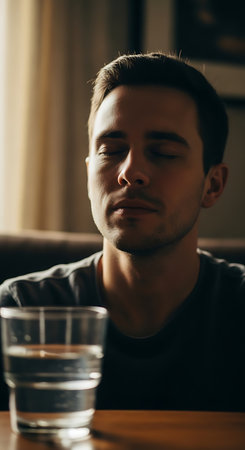 A man with his eyes closed sits at a wooden table with a glass of water in front of him. The lighting is dim and moody.の素材