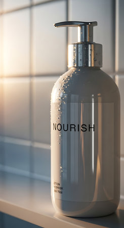 A sleek, silver soap dispenser labeled 'Nourish' sits on a bathroom counter, with a blurred tile background creating a clean, minimalist aesthetic.の素材
