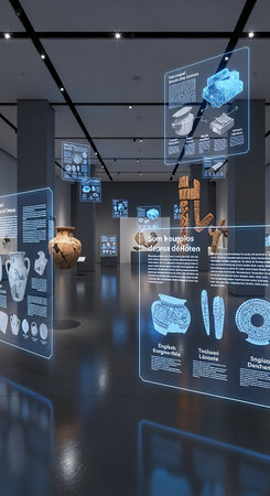 Futuristic museum exhibit featuring holographic displays showcasing ancient artifacts, blending technology with history for an immersive educational experience.の素材