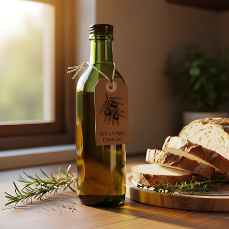A bottle of olive oil with a tag, rosemary sprig, and sliced bread on a wooden board, near a window.の素材