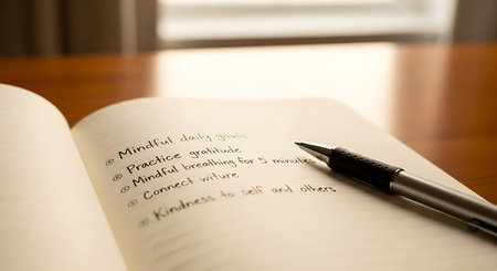 A close up shot of a journal with a handwritten list for self improvement including mindfulness and kindness. A pen rests on the open page on a wooden desk.の素材
