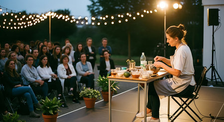 A woman demonstrates cooking at an outdoor event, with an audience watching under string lights.の素材