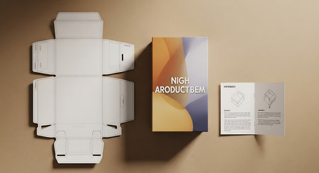 A mockup featuring a packaging design with a box, a brochure, and a beige surface, showcasing the design and layout.の素材