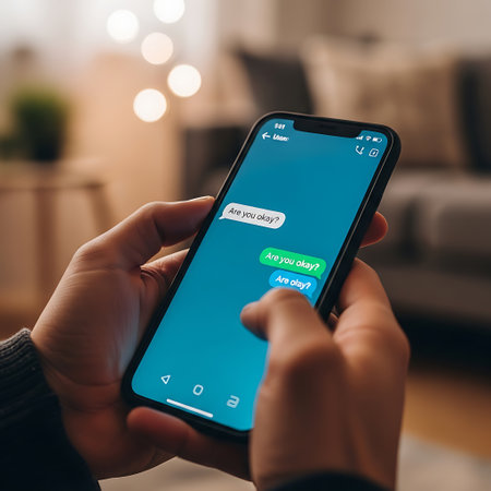 Close-up shot of a person's hands holding a smartphone, displaying a text message conversation with blue background.の素材