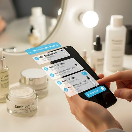 A person's hand holding a smartphone displaying notifications, near a vanity mirror with beauty products.の素材