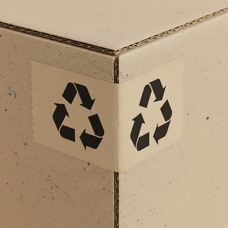 Close-up of a cardboard box with two black recycling symbols on its corner, indicating eco-friendly packaging.の素材