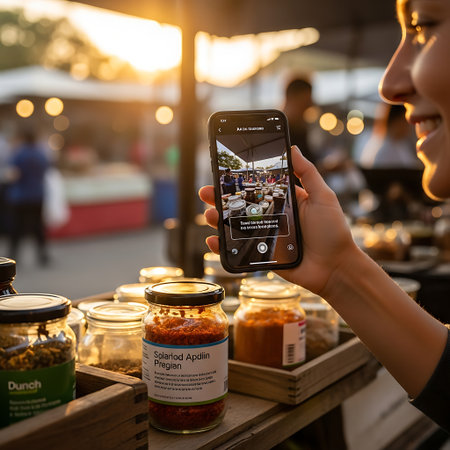 A person holds a smartphone, using the camera to capture a scene at an outdoor market, with jars of food products in the foreground.の素材