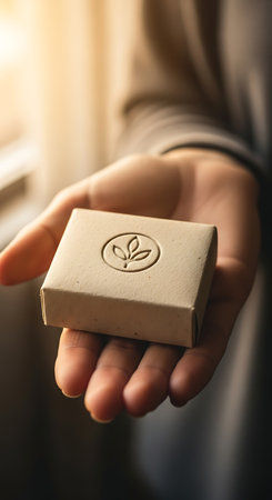 A person's hand holding a small, rectangular brown box with a circular leaf design on top, captured in a close-up shot, with soft lighting.の素材