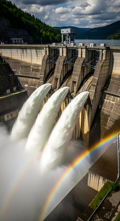A majestic hydroelectric dam actively releasing large volumes of water, creating a spectacular spray.の素材