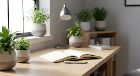 A tranquil home office setup featuring a wooden desk with an open notebook and pen. A modern lamp illuminates the space, surrounded by numerous potted green plants.の素材
