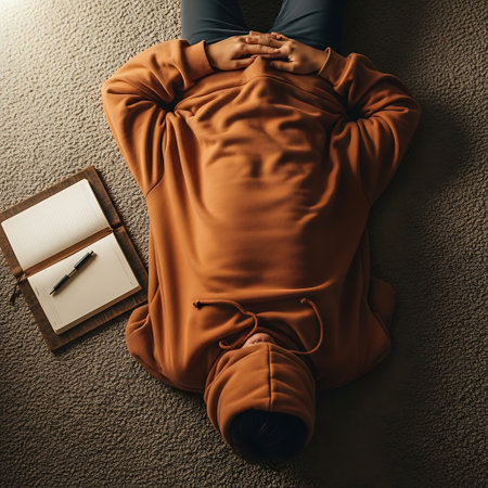 Overhead shot of a person in an orange hoodie lying on a carpet with a notebook and pen, conveying feelings of despair and writer's block.の素材