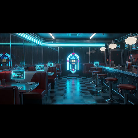 The interior of an empty American diner at night, illuminated by a vibrant blue neon glow, featuring booths, a counter, and a classic jukebox on a checkered floor.の素材