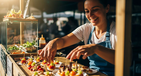 A cheerful vendor is carefully arranging colorful appetizers on a food stall, preparing for customers at an outdoor event. The scene is bright and inviting.の素材