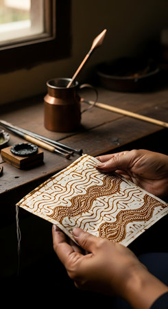 A close up view of a craftsman's hands holding a hand printed fabric with a wavy pattern. The traditional workshop setting includes tools like brushes and an inkwell.の素材