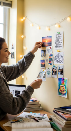 Side view of a happy female student decorating her dorm room wall, pinning a collection of cherished photographs and memories above her desk in a cozy, warm atmosphere.の素材