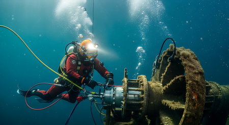 An underwater diver in a red suit inspects machinery in the ocean, surrounded by bubbles and equipment.の素材