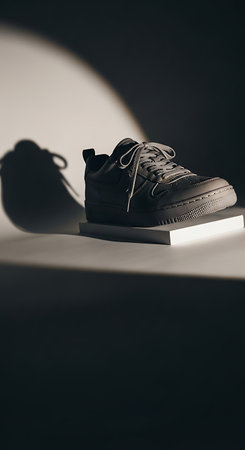 A close-up shot of a black shoe placed on a white surface, with a spotlight creating a strong shadow. The shoe is the focal point, highlighting its design and texture.の素材