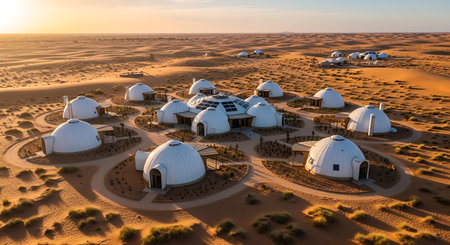 Aerial drone shot of a unique glamping resort with dome-shaped accommodations in a vast desert landscape during golden hour.の素材